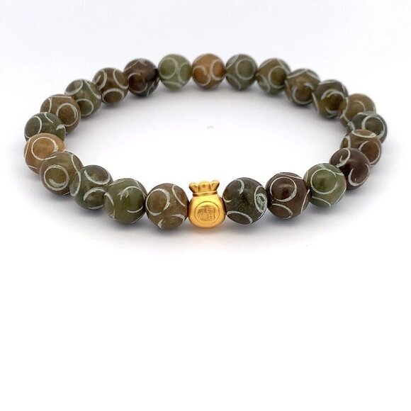 24K Gold Money Bag Lucky Charm Bracelet Gemstones Brown Multicolor Carved Jade - Picture 2 of 8